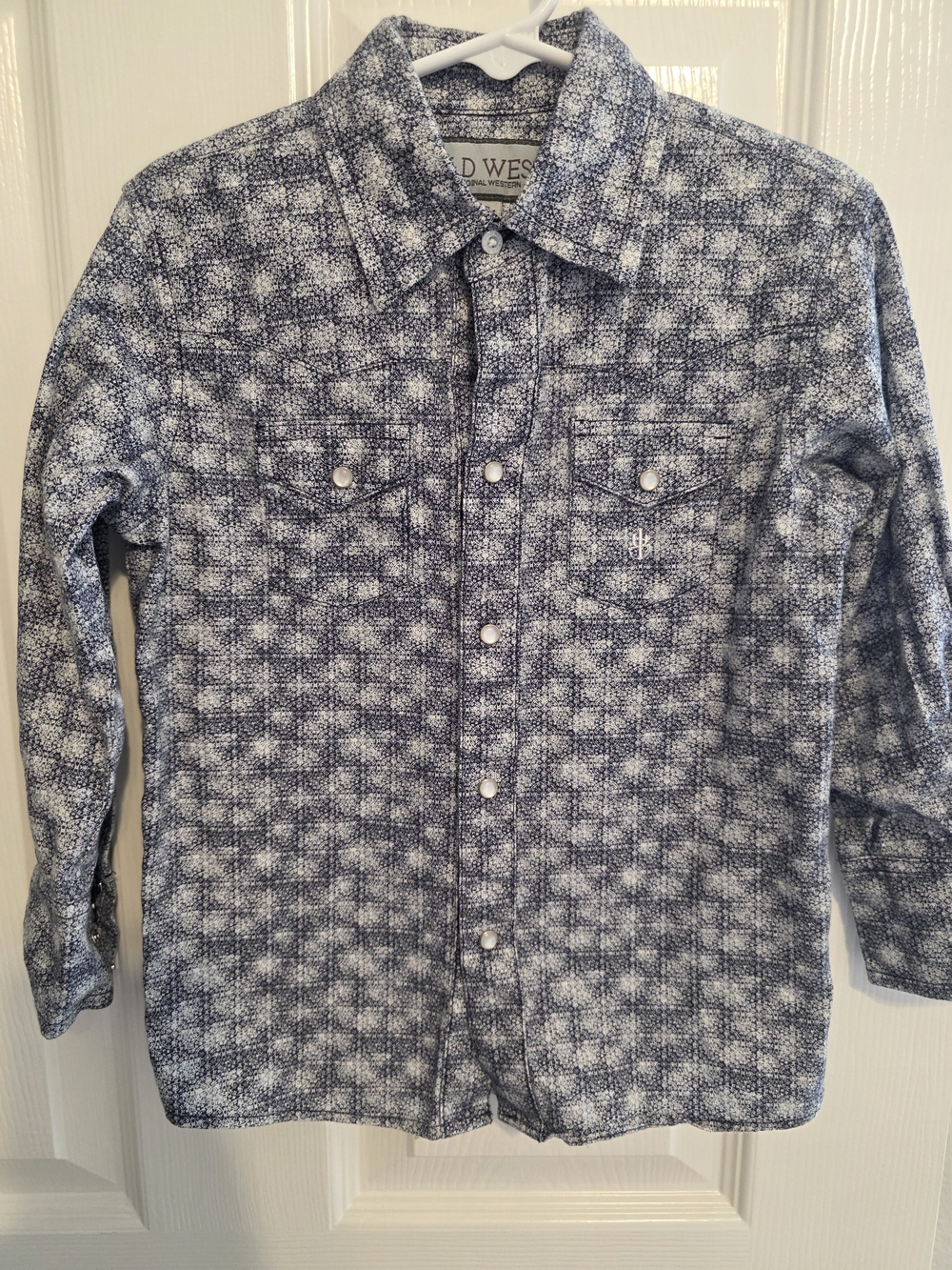 Old West Navy and White Patterned Boys Pearl Snap Button-Down Shirt